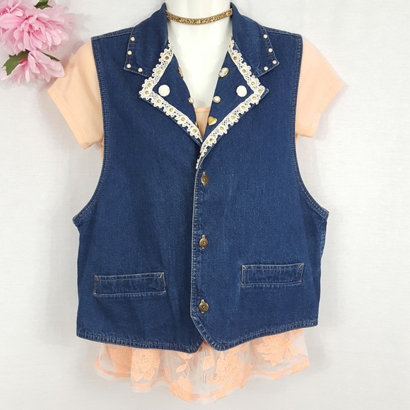 Vintage Dreams Cameo Pearl Heart Jean Vest S - Picture 3 of 6